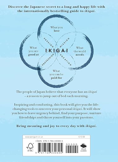 Back cover of a book titled 'Ikigai' with a diagram and text on a light blue background.